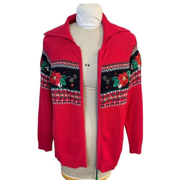 Dress Barn Holiday Cardigan Full Zip Embroidery Poinsettias Plus 1X Vtg - Picture 9 of 15